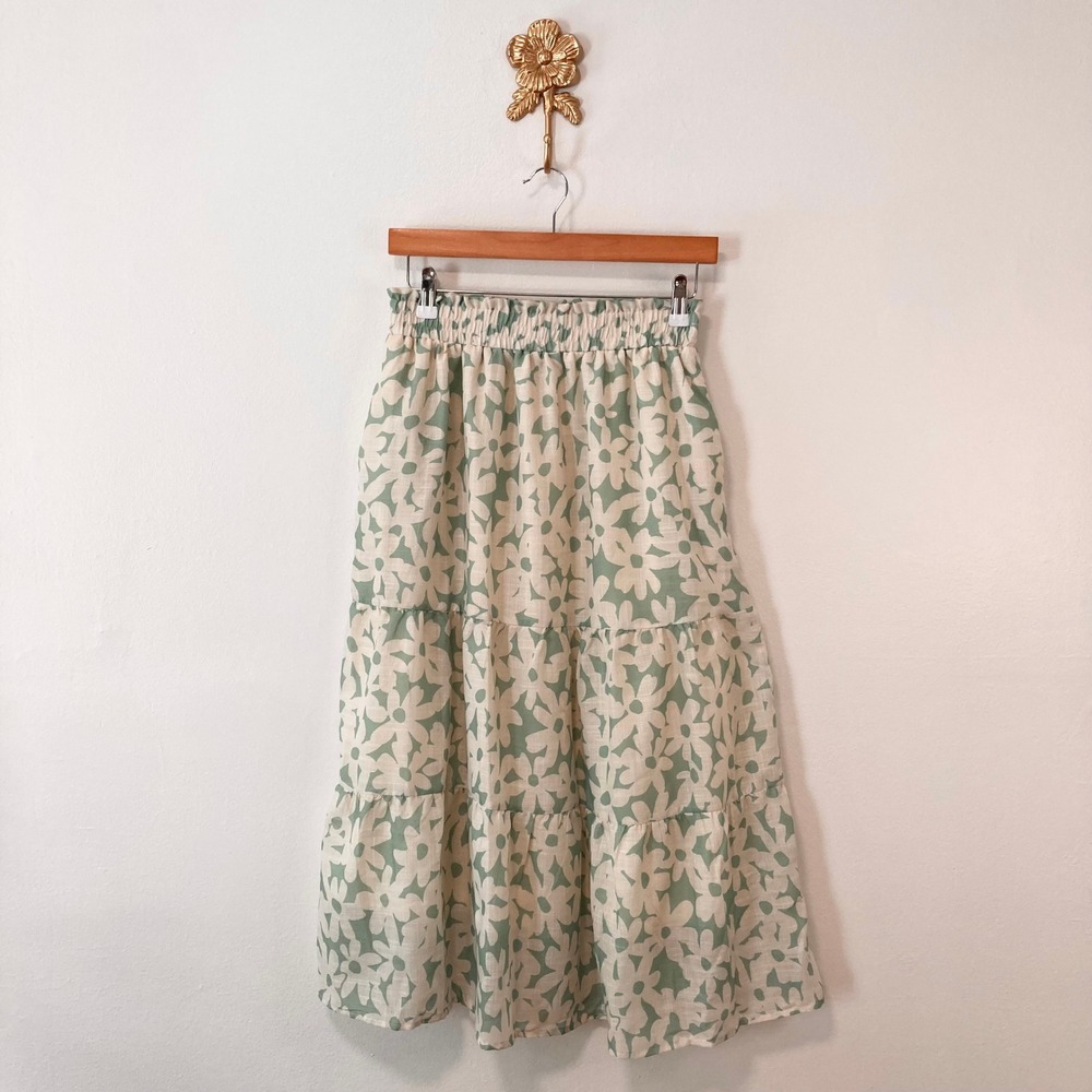 Cottagecore Green Floral Tiered Midi Skirt Polagram S Boho Pockets Garden Party